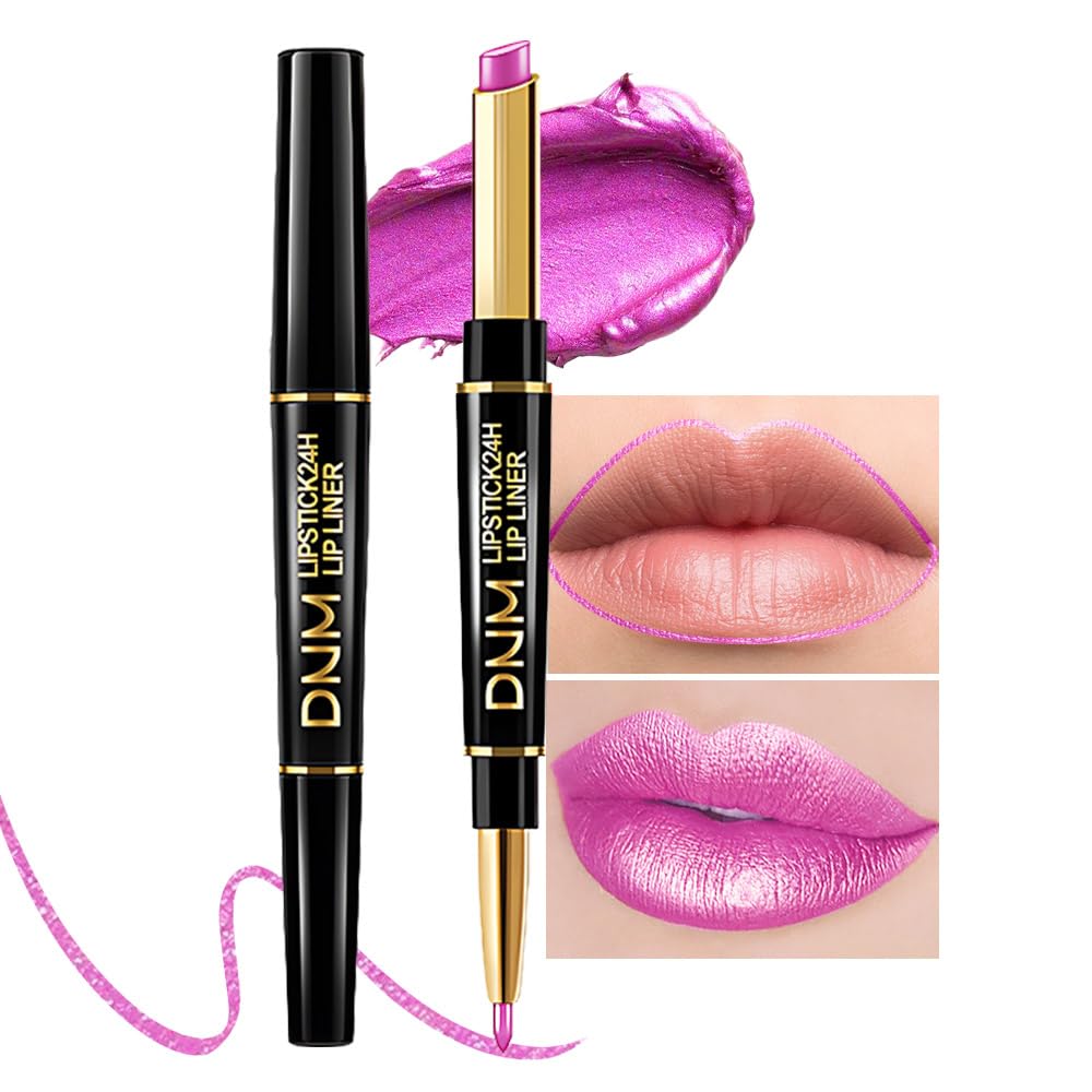 EVPCT 1Pcs Pink Metallic Shine Shimmer Lip Liner and Lipstick Combo Kit for Women, Lightweight Hydrating Formula High Im